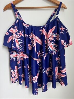 Navy Floral Ruffle Tankini Top Swim Beach Pool Summer Size 3XL